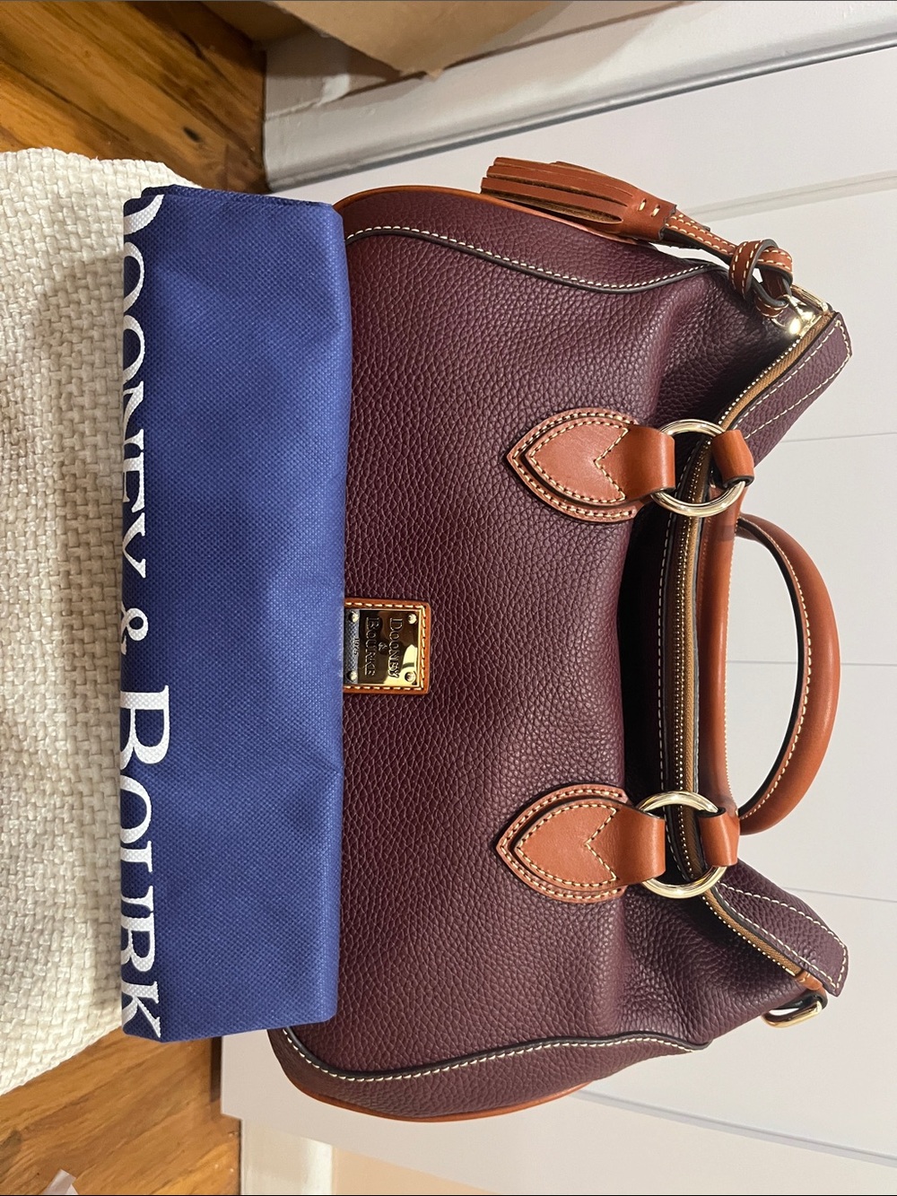 Dooney & Bourke  large Burgundy Pebble Leather Satchel with Tan Trim - Picture 14 of 16